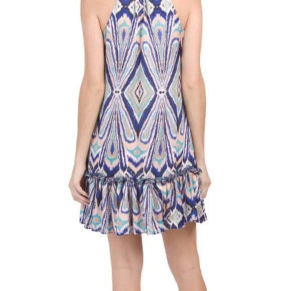 $198 Trina Turk Dress NWT - Now Only $85! Zuri Peacock Halter w/ Ruffle Hem (L) - Picture 2 of 2